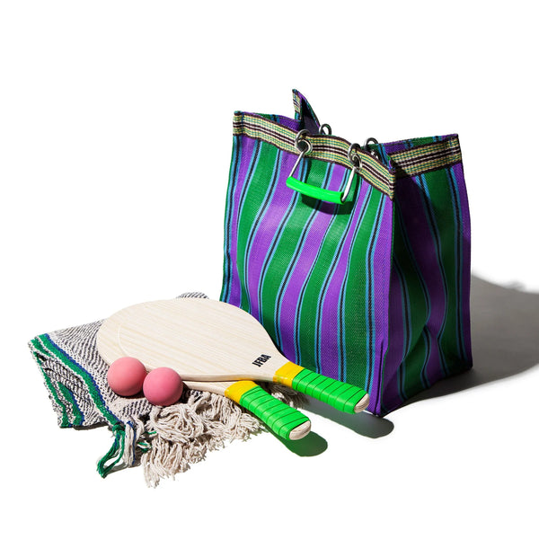 recycled plastic bag stripes square green/purple